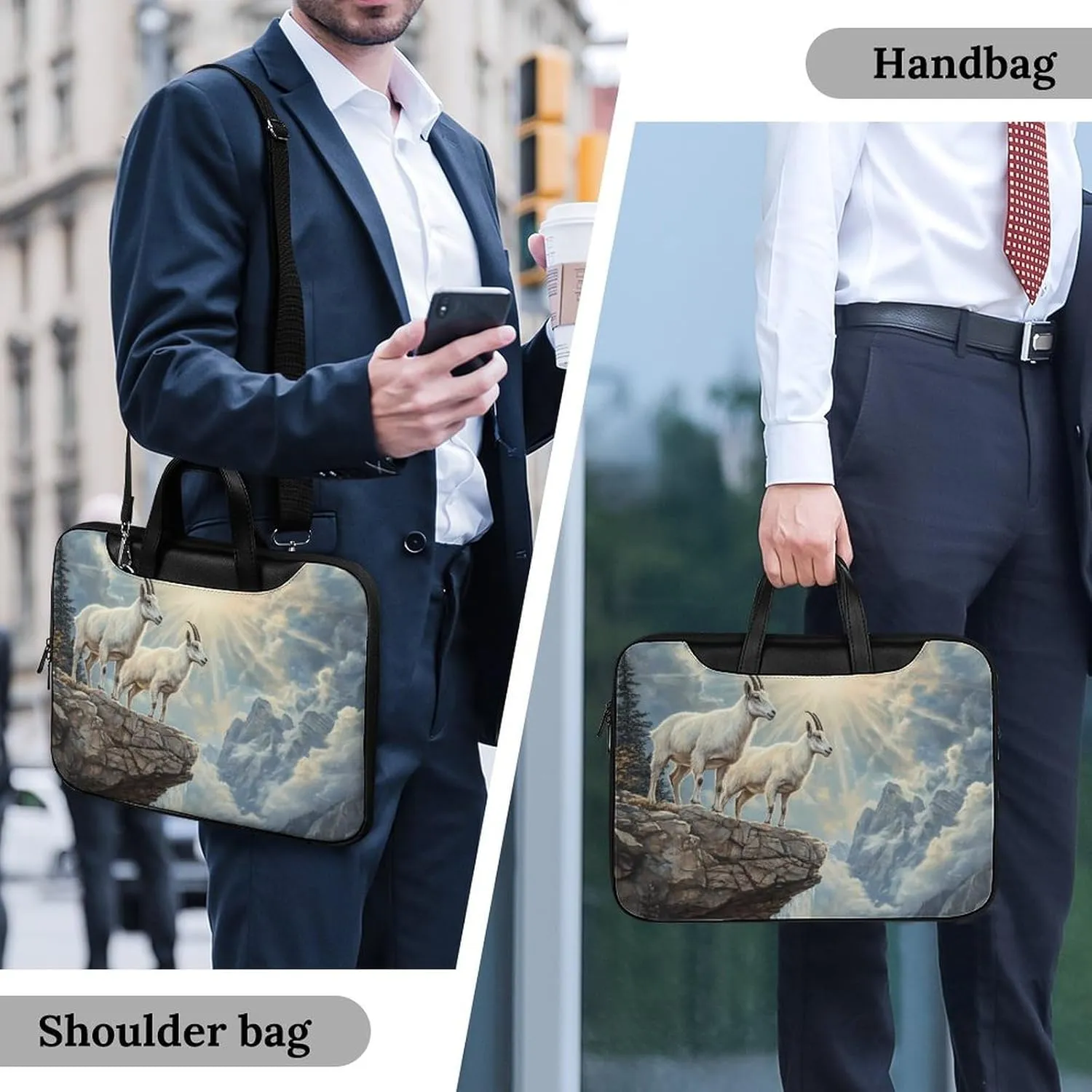 Goats Lambs Snow Mountain River Leather Bag Laptop Case Slim Water Resistant Computer Bags with Handle Briefcase for Work