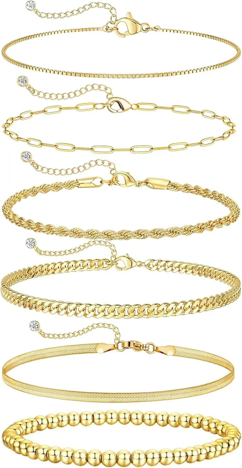 Gold Bracelets for Women 14K Dainty Gold Plated Bracelet Stack Trendy Chain Bracelet Set Waterproof Paperclip Rope Snake Cuban Box Beaded Bracelets Jewelry Set Gift for Women