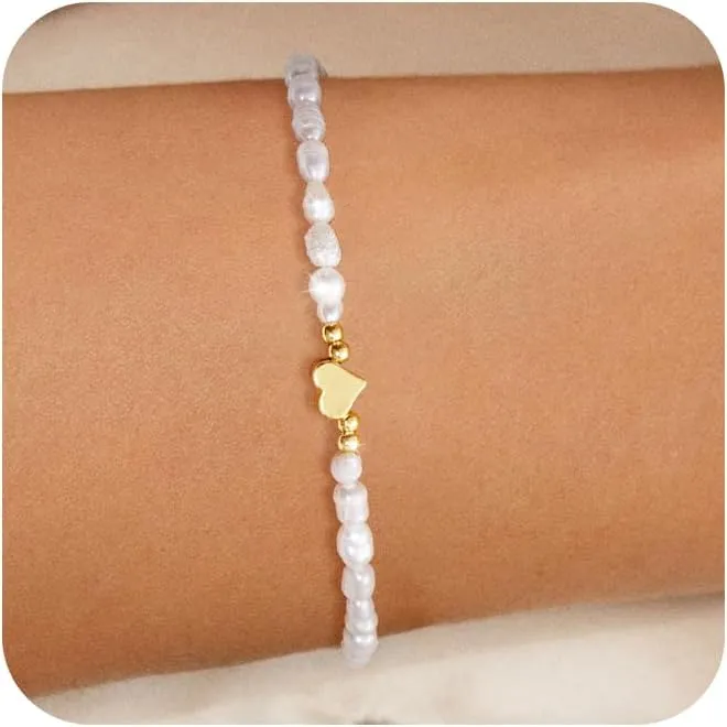 Gold Bracelets for Women,14K Gold Plated Trendy Heart Pearl Bracelet Stackable Waterproof Dainty Bracelets Jewelry Gift for Women