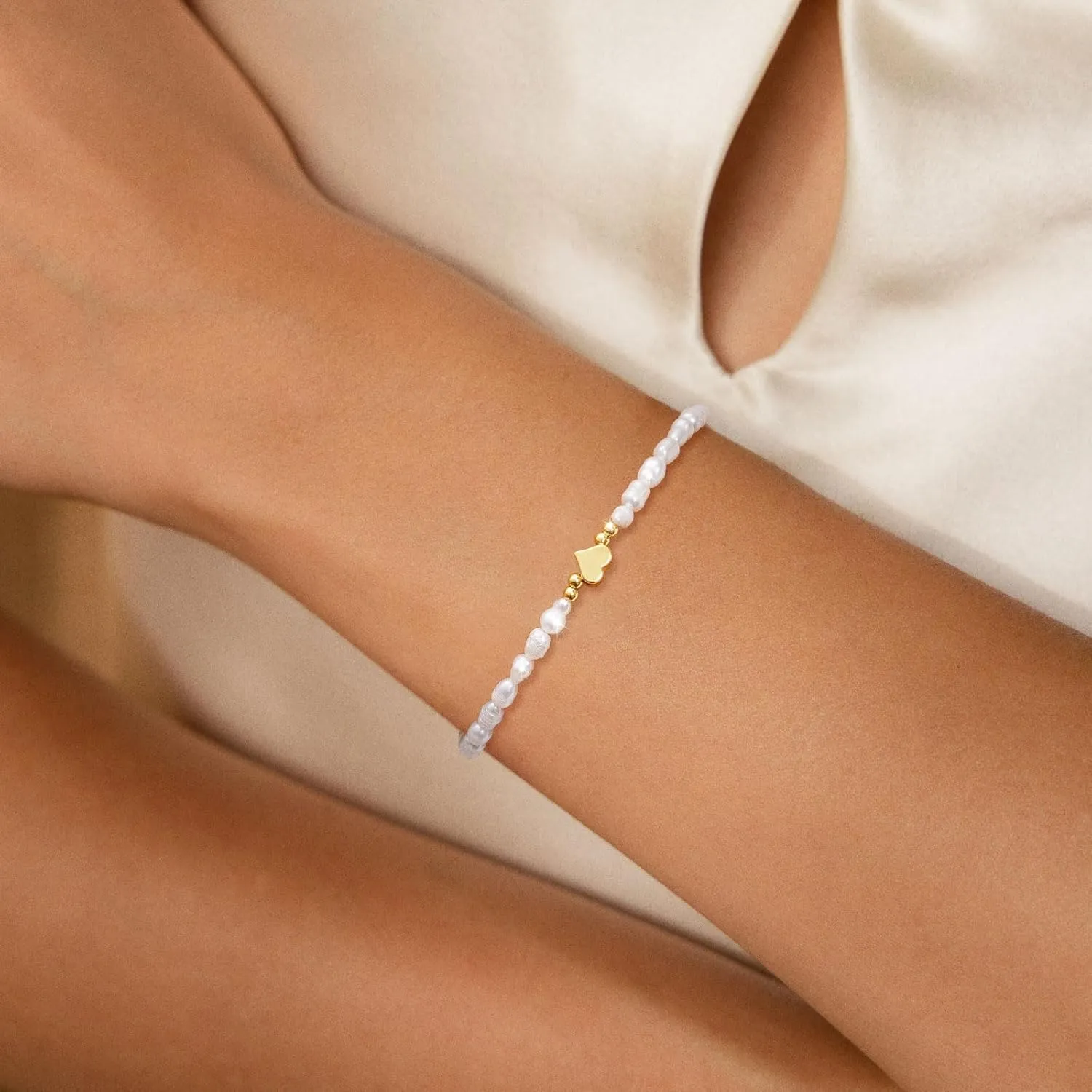 Gold Bracelets for Women,14K Gold Plated Trendy Heart Pearl Bracelet Stackable Waterproof Dainty Bracelets Jewelry Gift for Women