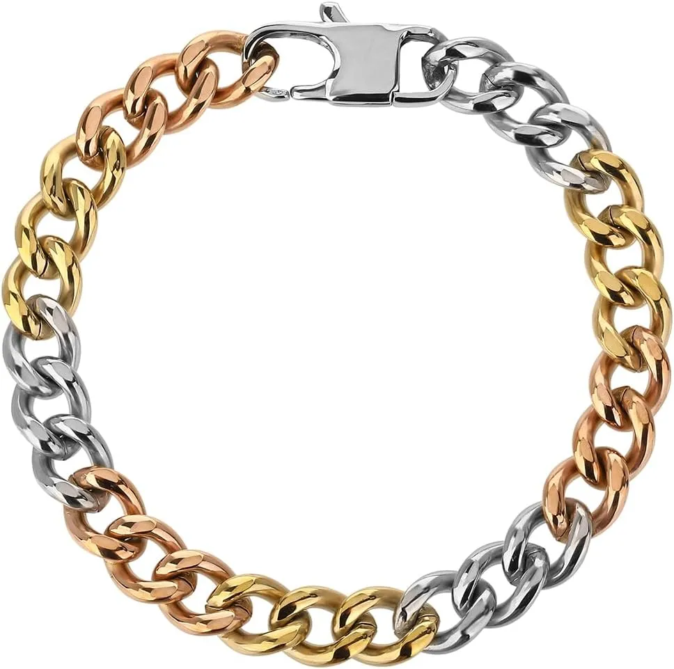 Gold Cuban Link Bracelet for Men and Women - Stainless Steel Three-Tone Chain Bracelet, Non-Tarnish, 18K Gold Plated - Unisex Trendy Cuban Link Chain Jewelry, Ideal Gift for Best Friends, Fashion Bracelet for Men and Women