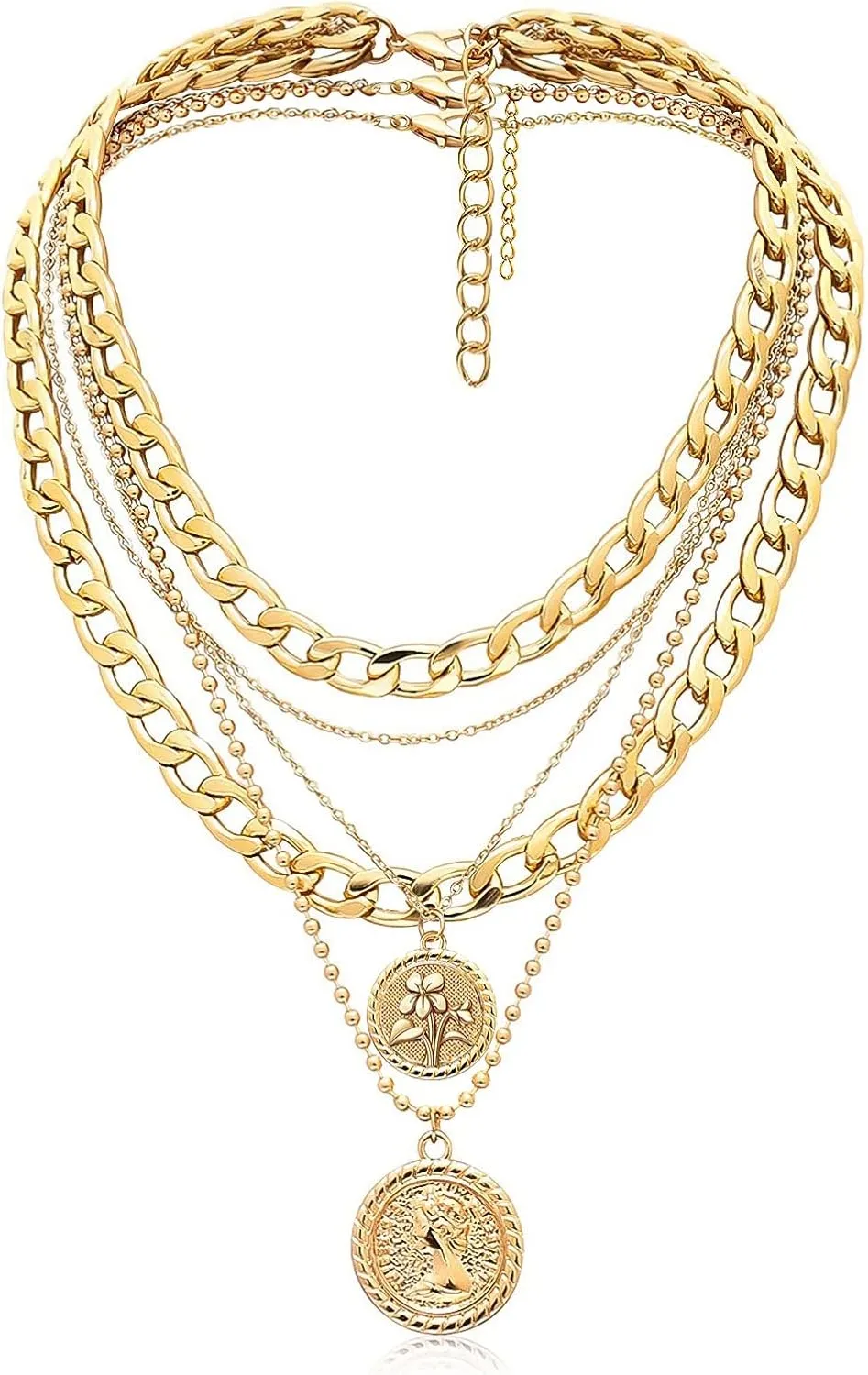 Gold Layered Necklaces for Women Chunky Choker Link Chain Trendy Retro Coin 14K Pendant Necklace Handmade Dainty Layering Violet Lotus Rose Birth Flower Necklaces