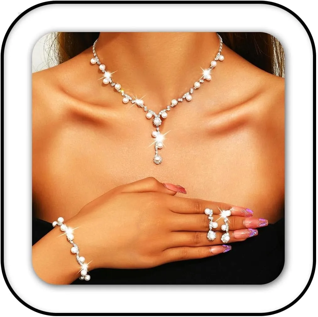 GORAIS Pearl Wedding Jewelry Set Silver Necklace Earrings Sets Costume Jewelry for Women and Bride