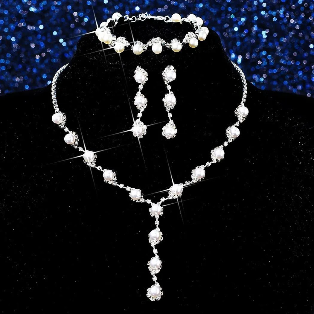 GORAIS Pearl Wedding Jewelry Set Silver Necklace Earrings Sets Costume Jewelry for Women and Bride