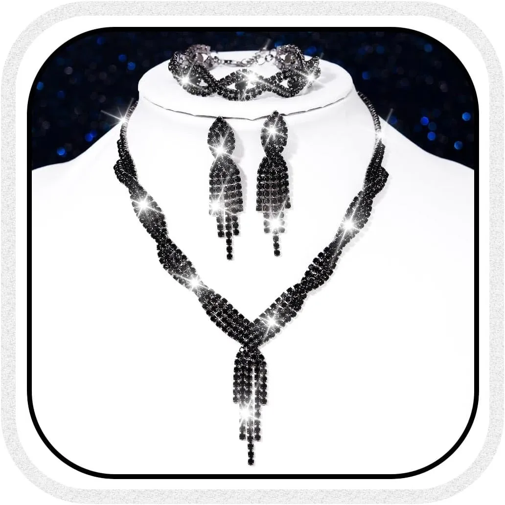 GORAIS Wedding Jewelry Sets Rhinestone Necklace Silver Bridal Prom Jewelry Set for Women and Brides