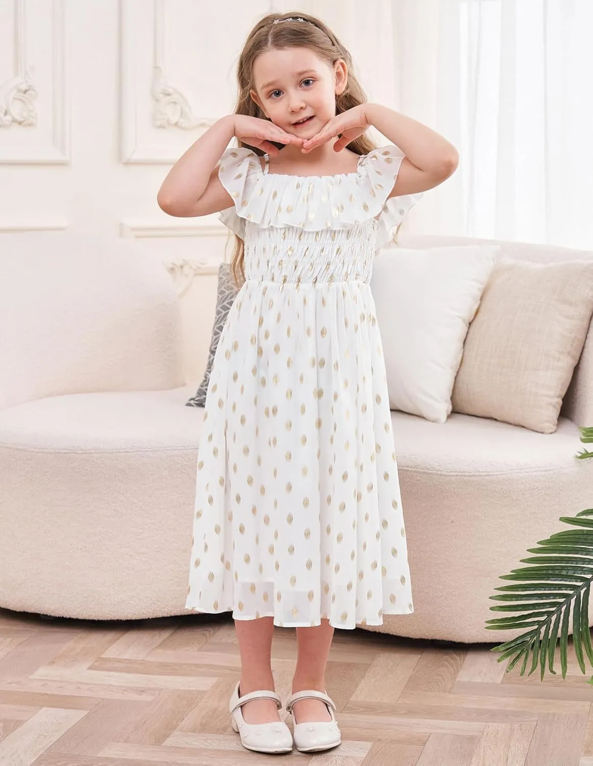GRACE KARIN Girls Off Shoulder Dress Sleeveless Ruffle Spaghetti Straps Smocked A-Line Chiffon Dress 5-14Y