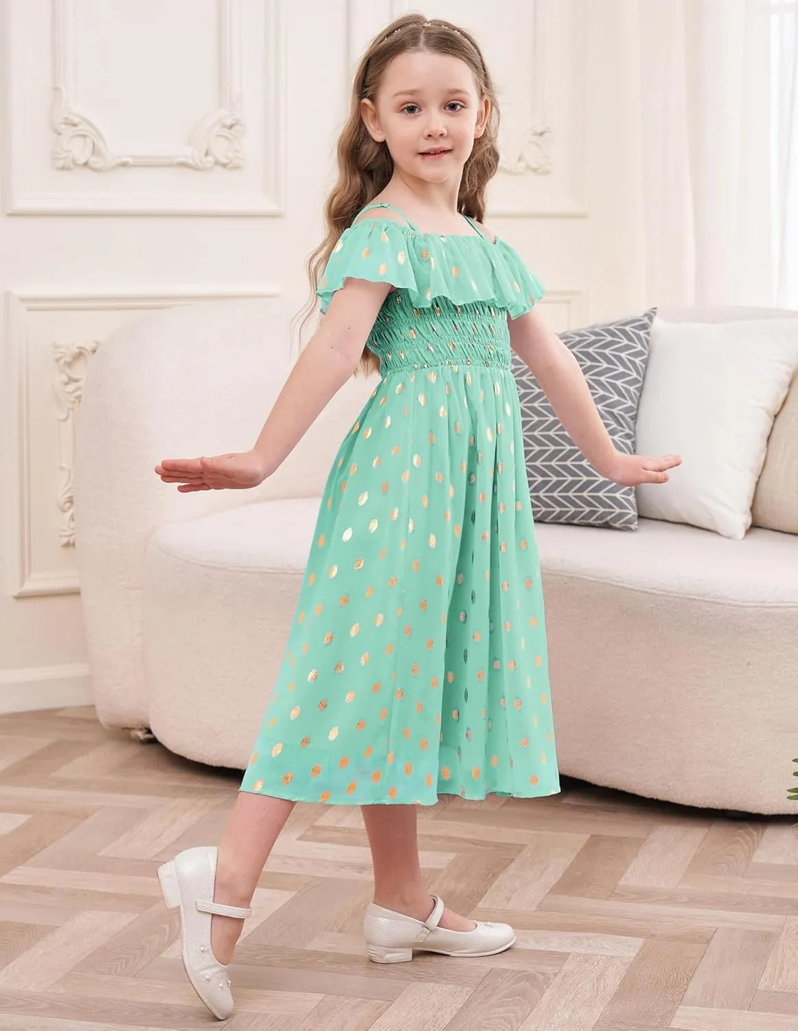 GRACE KARIN Girls Off Shoulder Dress Sleeveless Ruffle Spaghetti Straps Smocked A-Line Chiffon Dress 5-14Y