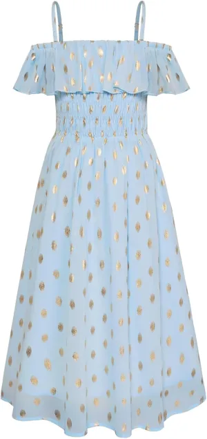 GRACE KARIN Girls Off Shoulder Dress Sleeveless Ruffle Spaghetti Straps Smocked A-Line Chiffon Dress 5-14Y