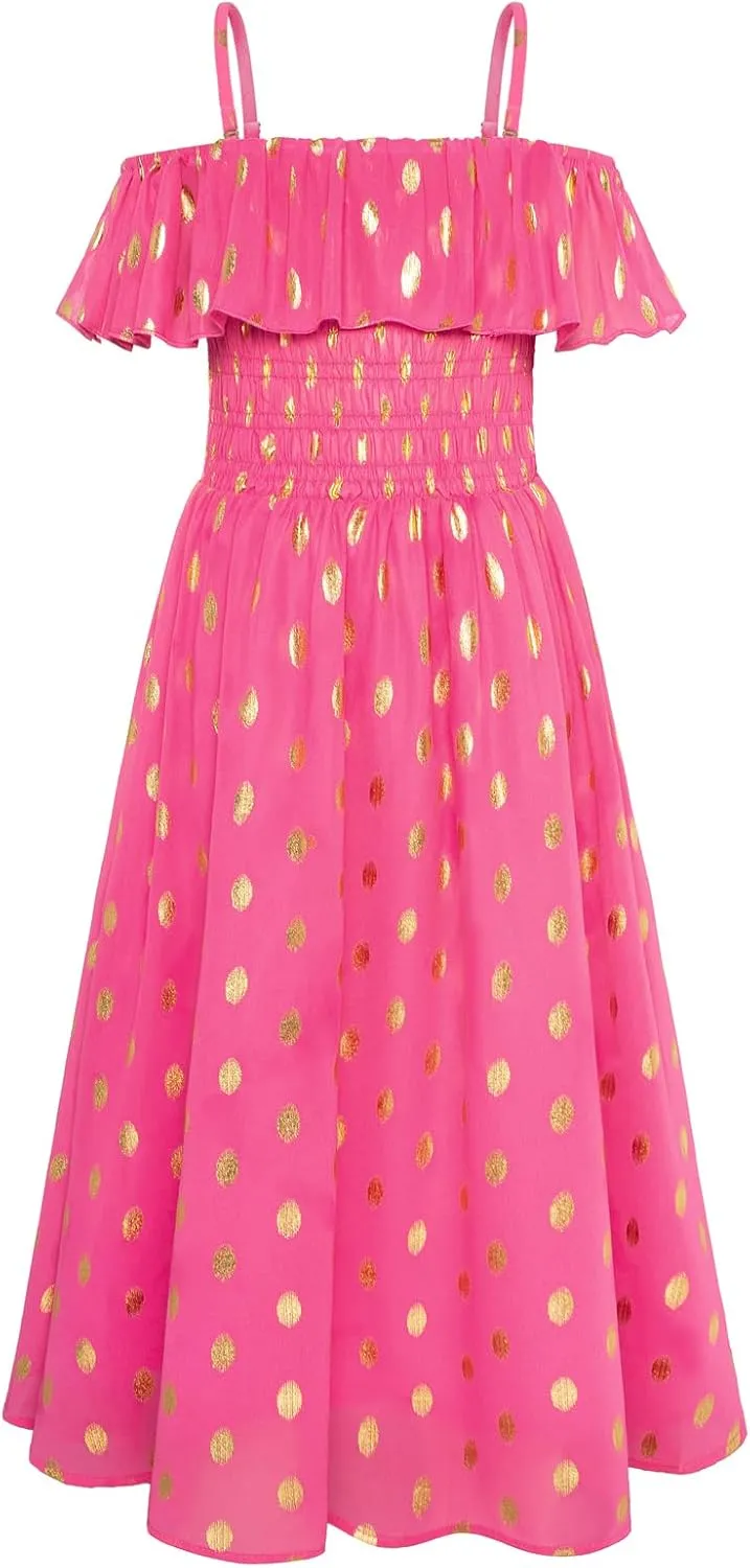 GRACE KARIN Girls Off Shoulder Dress Sleeveless Ruffle Spaghetti Straps Smocked A-Line Chiffon Dress 5-14Y