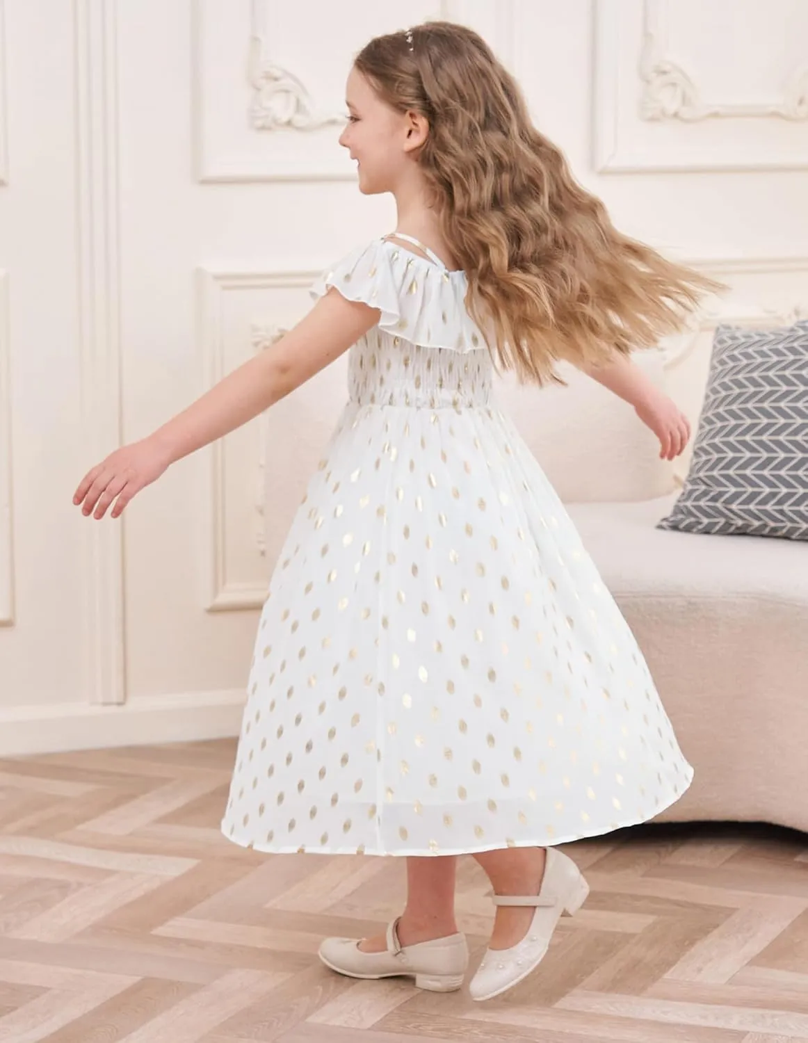 GRACE KARIN Girls Off Shoulder Dress Sleeveless Ruffle Spaghetti Straps Smocked A-Line Chiffon Dress 5-14Y