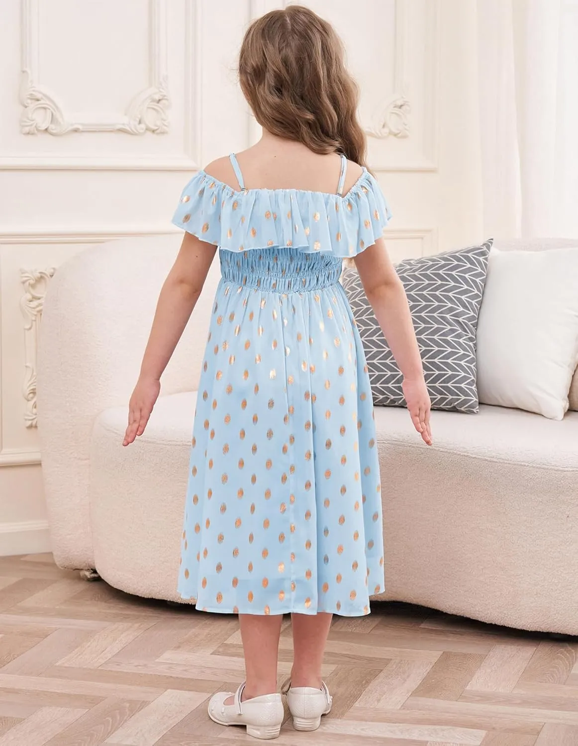 GRACE KARIN Girls Off Shoulder Dress Sleeveless Ruffle Spaghetti Straps Smocked A-Line Chiffon Dress 5-14Y