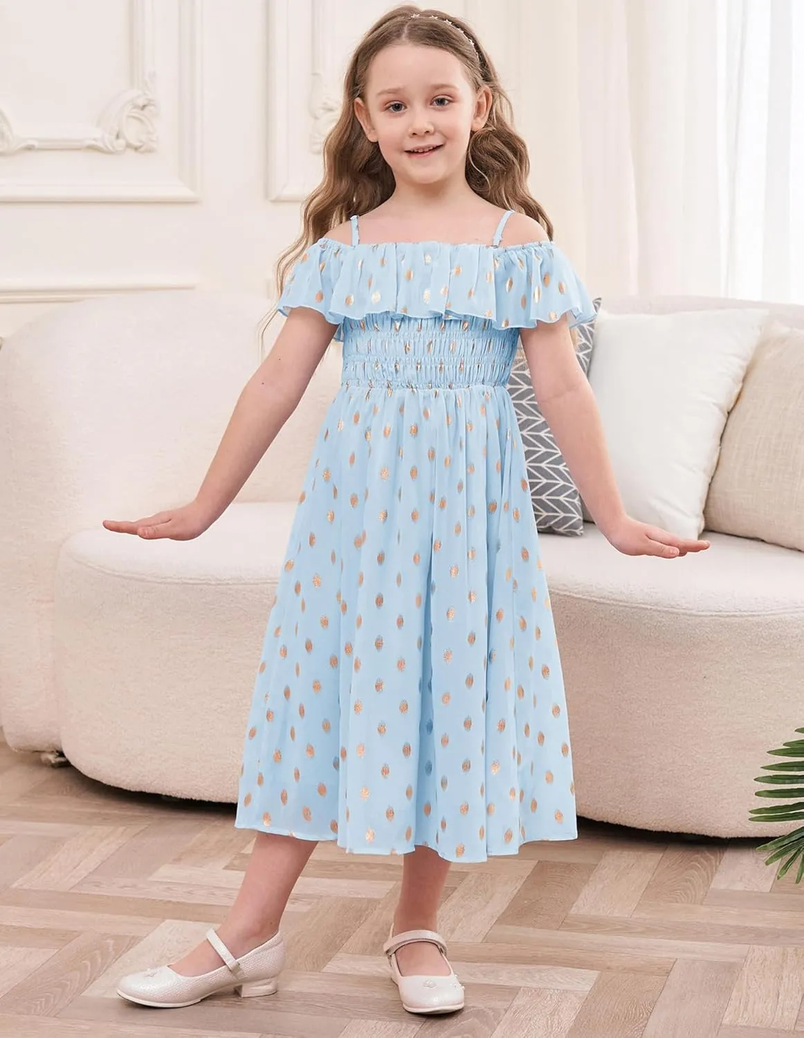 GRACE KARIN Girls Off Shoulder Dress Sleeveless Ruffle Spaghetti Straps Smocked A-Line Chiffon Dress 5-14Y