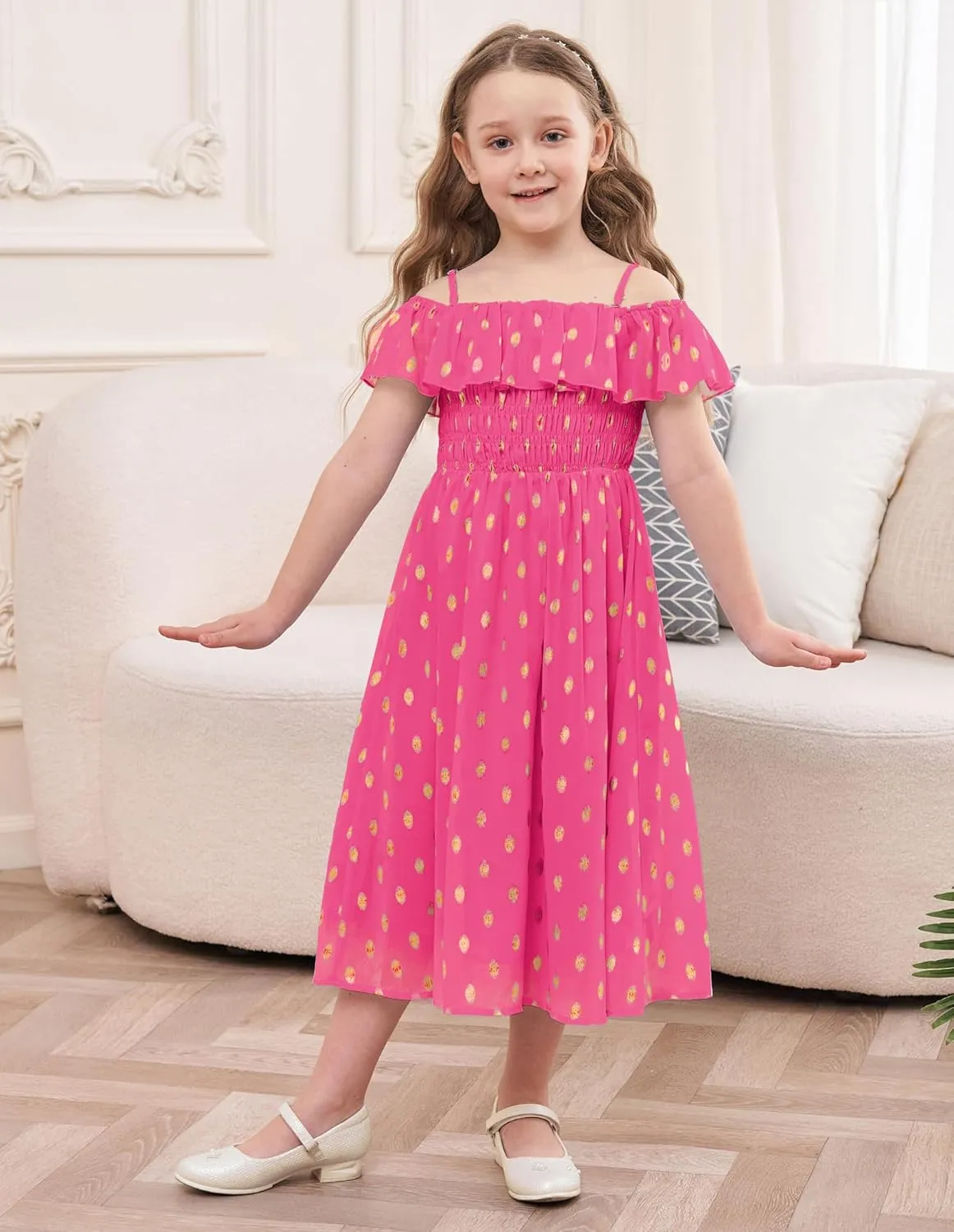 GRACE KARIN Girls Off Shoulder Dress Sleeveless Ruffle Spaghetti Straps Smocked A-Line Chiffon Dress 5-14Y