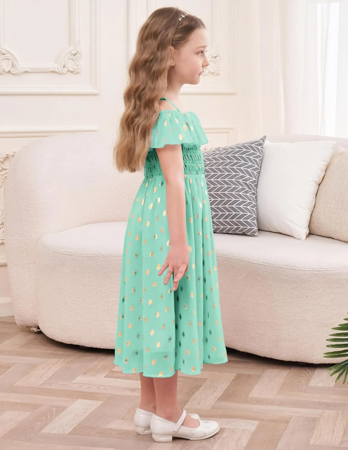 GRACE KARIN Girls Off Shoulder Dress Sleeveless Ruffle Spaghetti Straps Smocked A-Line Chiffon Dress 5-14Y