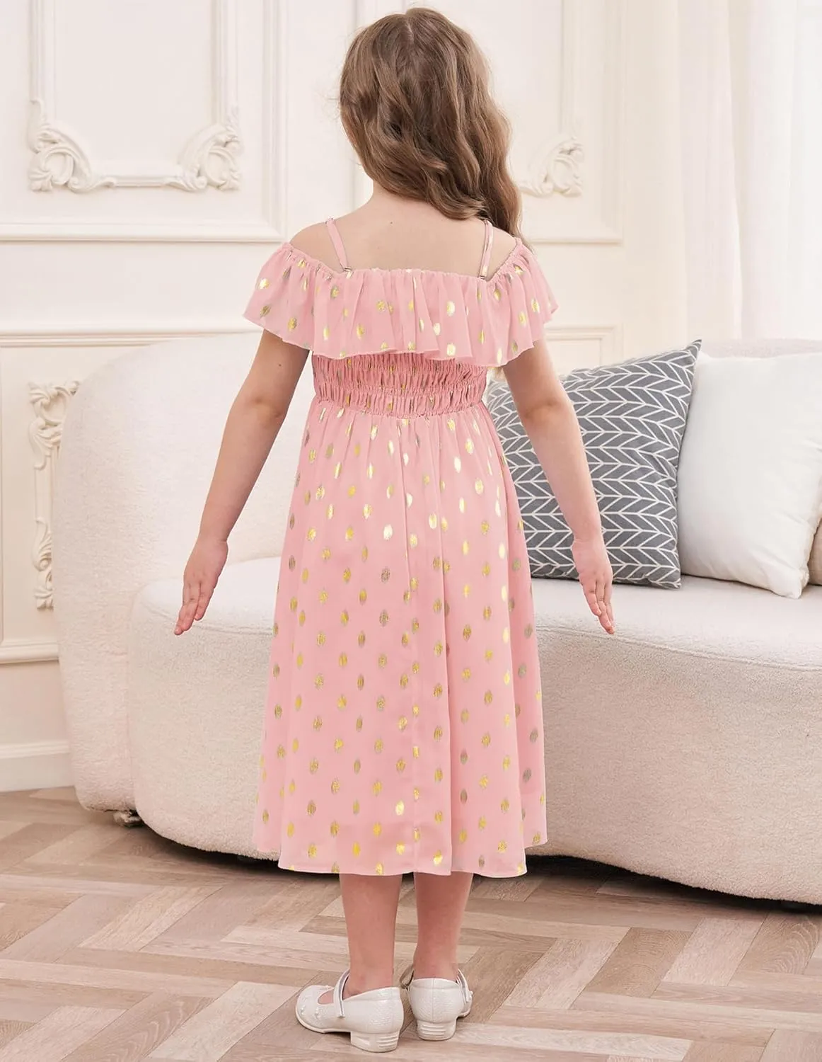 GRACE KARIN Girls Off Shoulder Dress Sleeveless Ruffle Spaghetti Straps Smocked A-Line Chiffon Dress 5-14Y