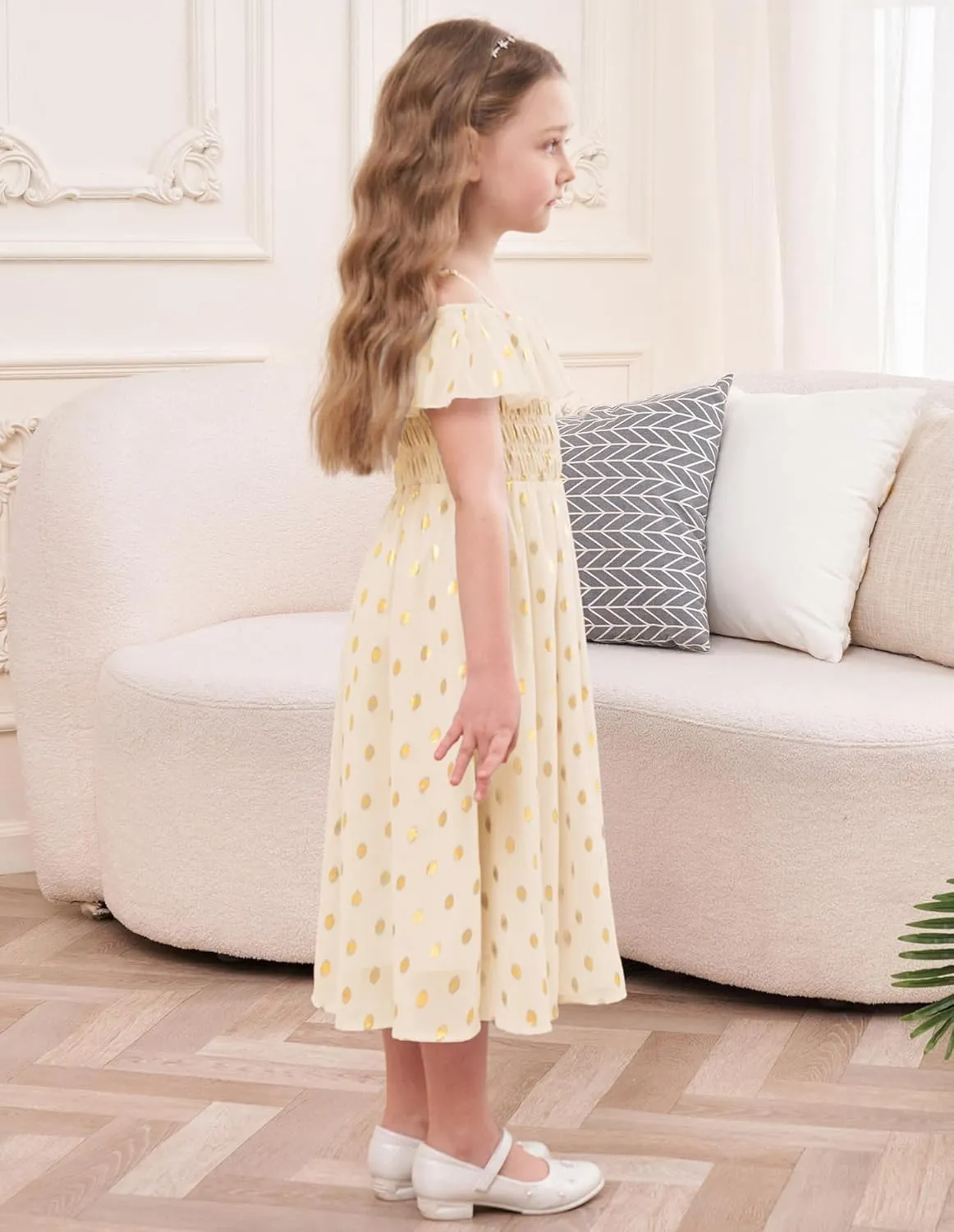 GRACE KARIN Girls Off Shoulder Dress Sleeveless Ruffle Spaghetti Straps Smocked A-Line Chiffon Dress 5-14Y