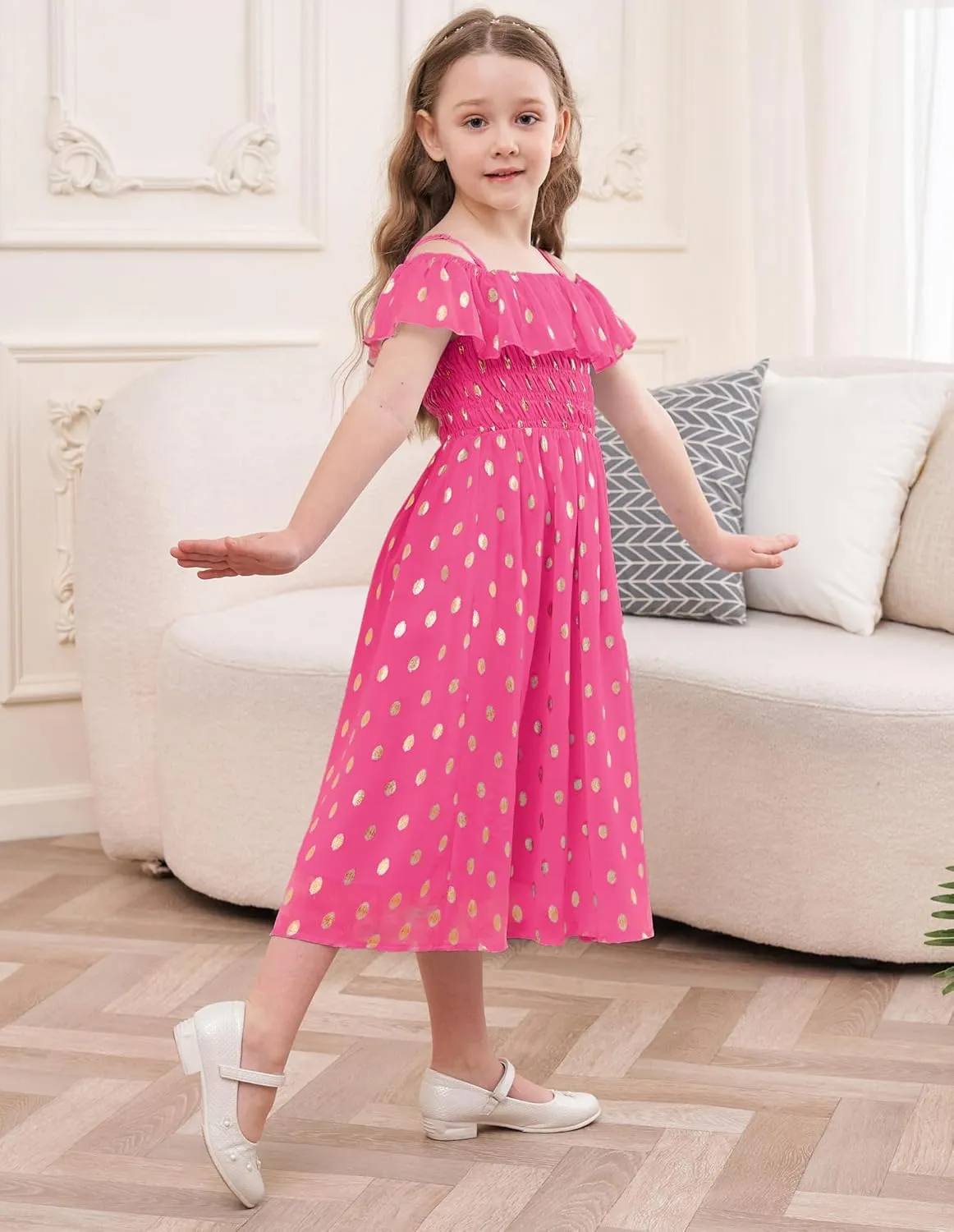 GRACE KARIN Girls Off Shoulder Dress Sleeveless Ruffle Spaghetti Straps Smocked A-Line Chiffon Dress 5-14Y