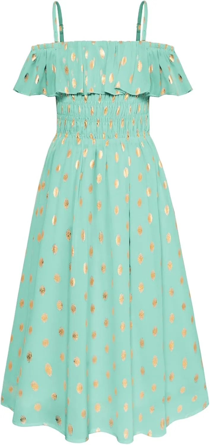GRACE KARIN Girls Off Shoulder Dress Sleeveless Ruffle Spaghetti Straps Smocked A-Line Chiffon Dress 5-14Y