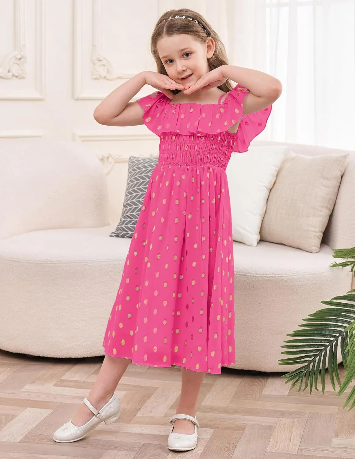 GRACE KARIN Girls Off Shoulder Dress Sleeveless Ruffle Spaghetti Straps Smocked A-Line Chiffon Dress 5-14Y