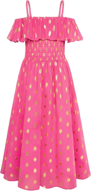 GRACE KARIN Girls Off Shoulder Dress Sleeveless Ruffle Spaghetti Straps Smocked A-Line Chiffon Dress 5-14Y