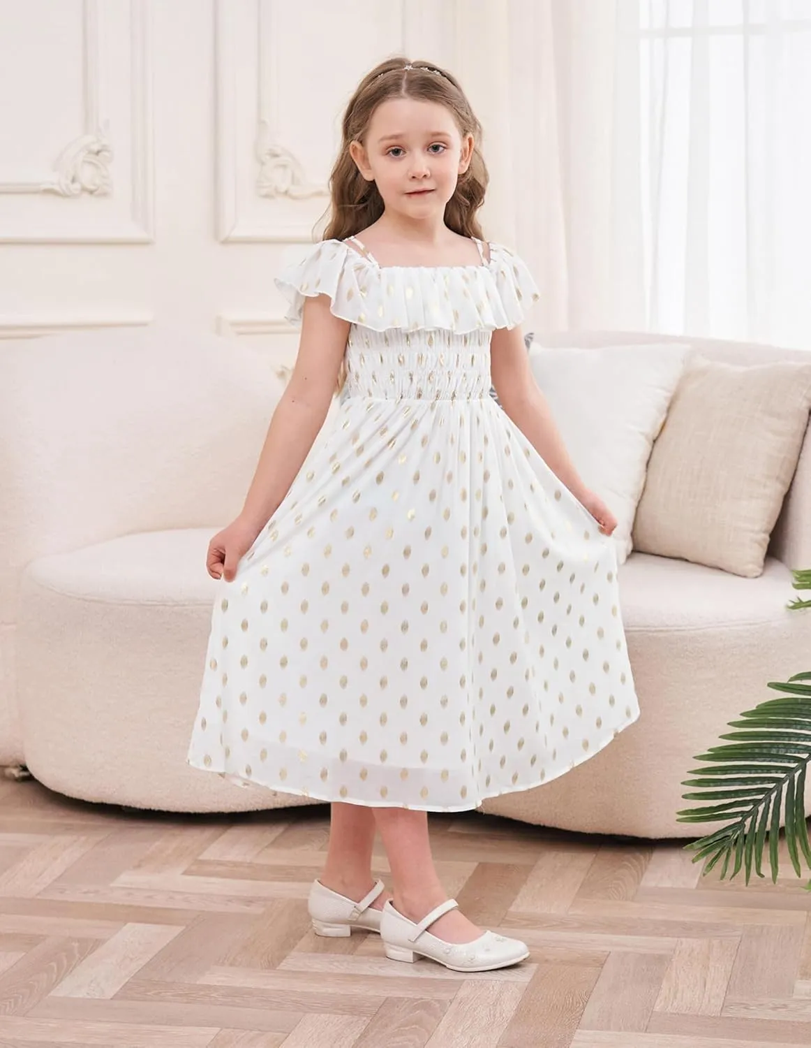 GRACE KARIN Girls Off Shoulder Dress Sleeveless Ruffle Spaghetti Straps Smocked A-Line Chiffon Dress 5-14Y