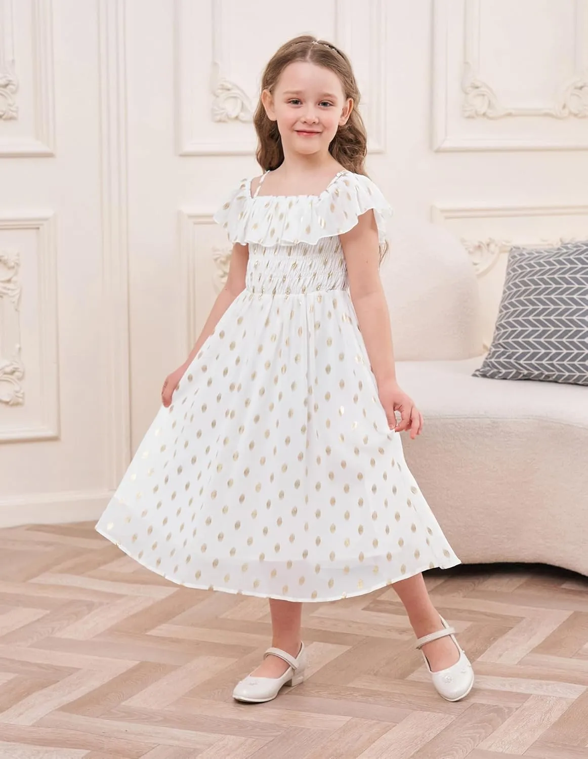 GRACE KARIN Girls Off Shoulder Dress Sleeveless Ruffle Spaghetti Straps Smocked A-Line Chiffon Dress 5-14Y
