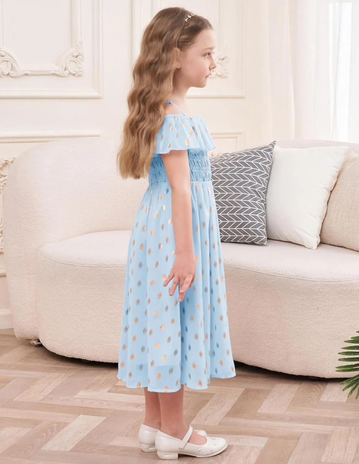 GRACE KARIN Girls Off Shoulder Dress Sleeveless Ruffle Spaghetti Straps Smocked A-Line Chiffon Dress 5-14Y