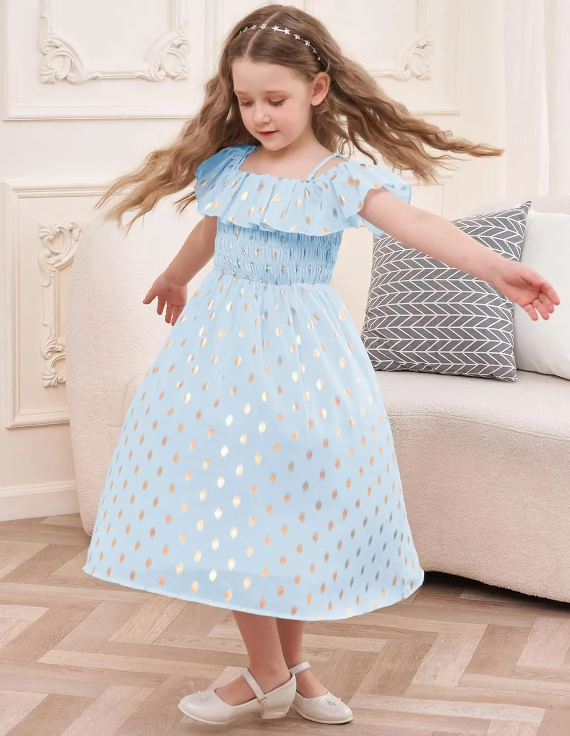 GRACE KARIN Girls Off Shoulder Dress Sleeveless Ruffle Spaghetti Straps Smocked A-Line Chiffon Dress 5-14Y