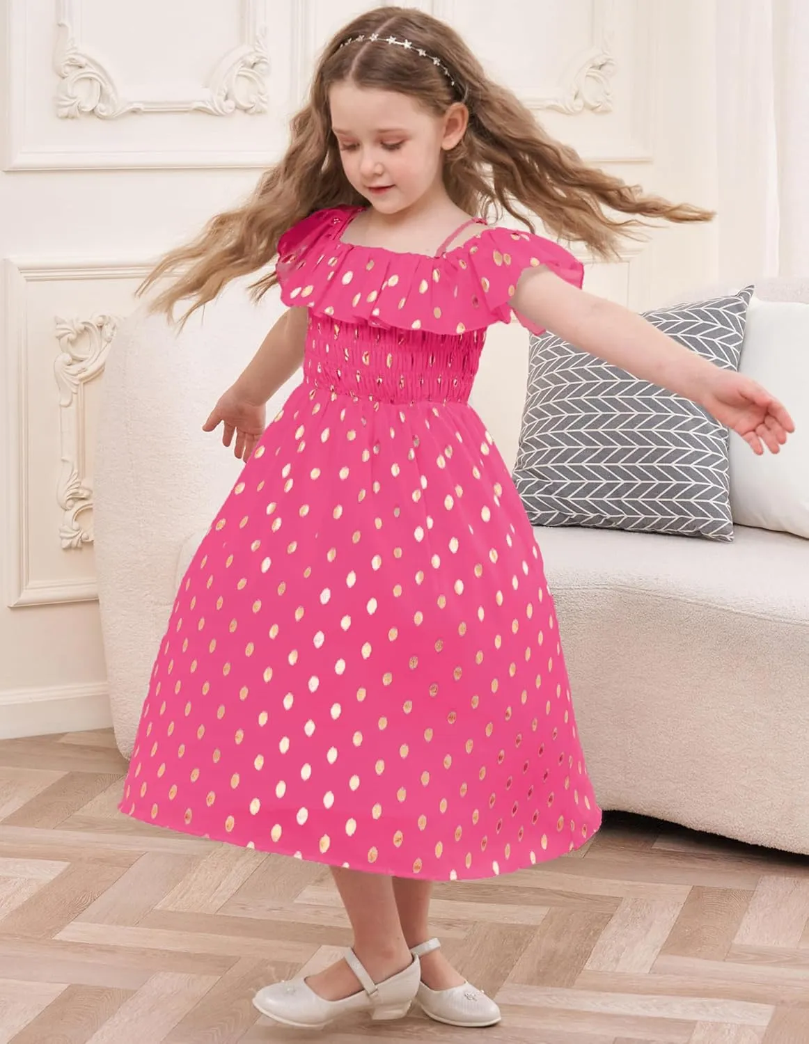 GRACE KARIN Girls Off Shoulder Dress Sleeveless Ruffle Spaghetti Straps Smocked A-Line Chiffon Dress 5-14Y