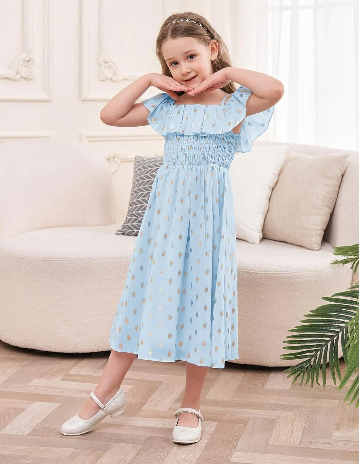 GRACE KARIN Girls Off Shoulder Dress Sleeveless Ruffle Spaghetti Straps Smocked A-Line Chiffon Dress 5-14Y