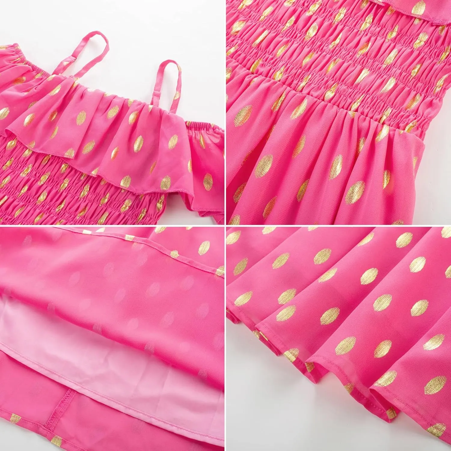 GRACE KARIN Girls Off Shoulder Dress Sleeveless Ruffle Spaghetti Straps Smocked A-Line Chiffon Dress 5-14Y