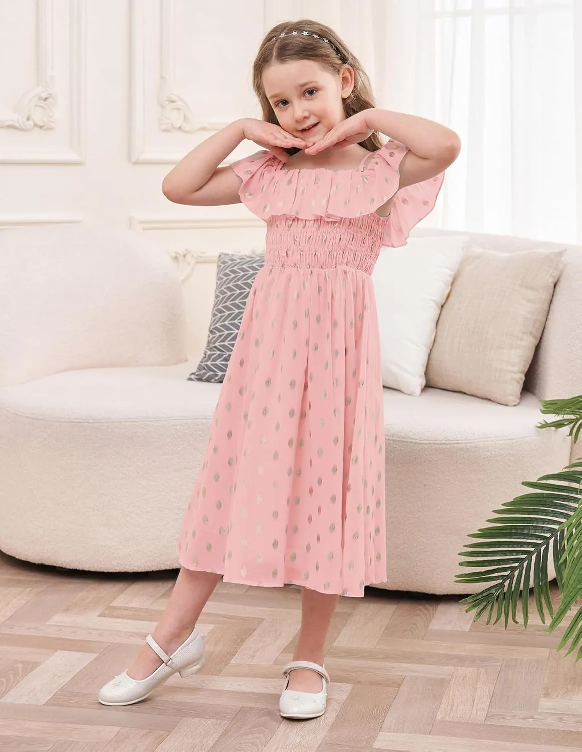 GRACE KARIN Girls Off Shoulder Dress Sleeveless Ruffle Spaghetti Straps Smocked A-Line Chiffon Dress 5-14Y