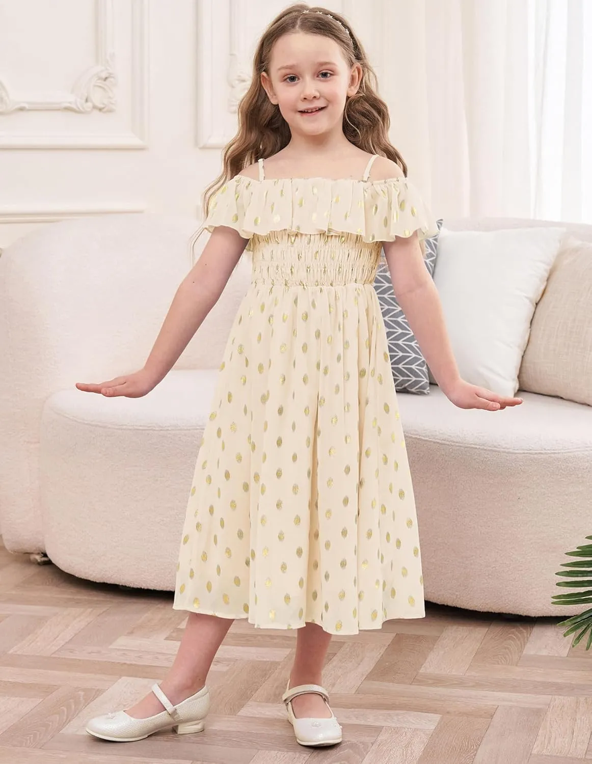 GRACE KARIN Girls Off Shoulder Dress Sleeveless Ruffle Spaghetti Straps Smocked A-Line Chiffon Dress 5-14Y