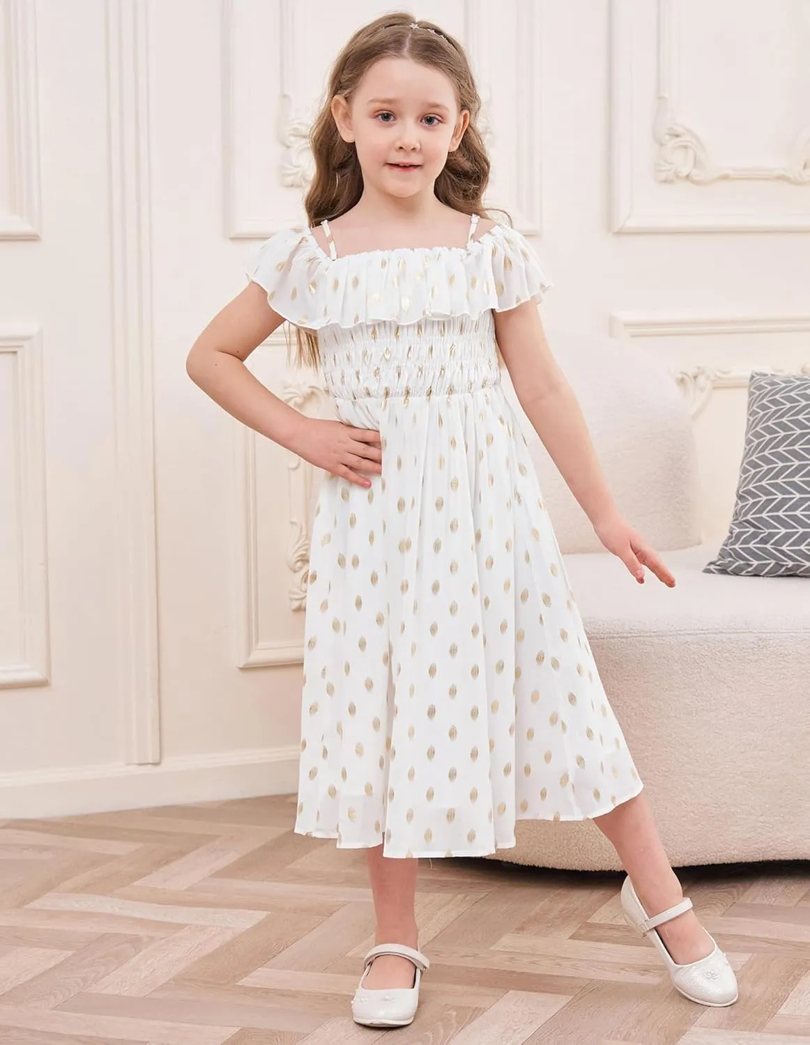 GRACE KARIN Girls Off Shoulder Dress Sleeveless Ruffle Spaghetti Straps Smocked A-Line Chiffon Dress 5-14Y