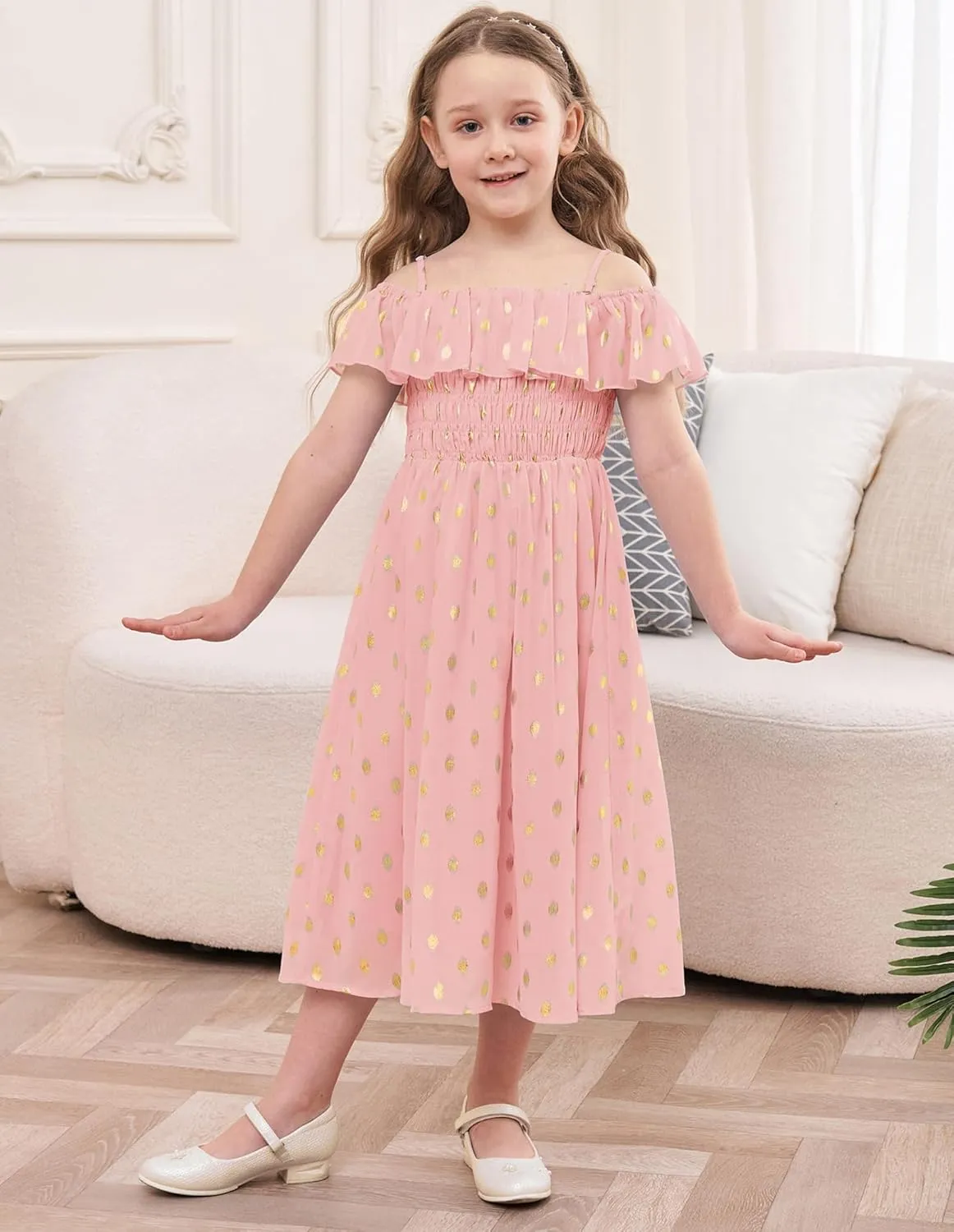 GRACE KARIN Girls Off Shoulder Dress Sleeveless Ruffle Spaghetti Straps Smocked A-Line Chiffon Dress 5-14Y