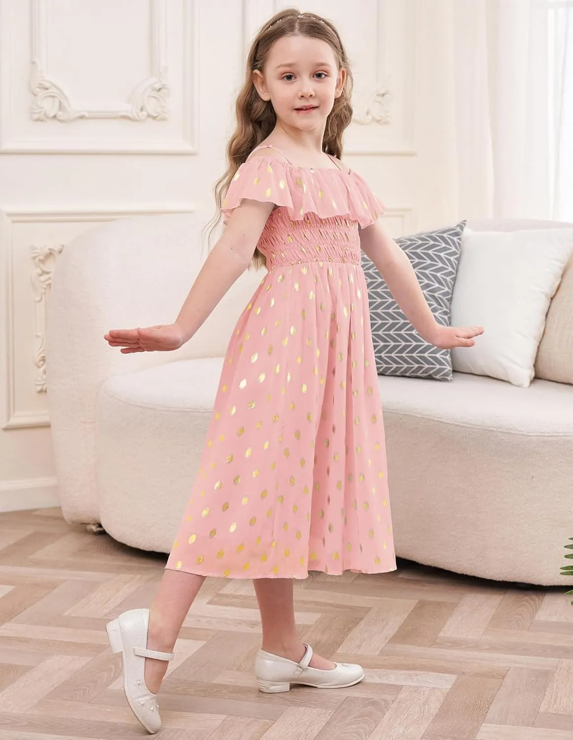 GRACE KARIN Girls Off Shoulder Dress Sleeveless Ruffle Spaghetti Straps Smocked A-Line Chiffon Dress 5-14Y