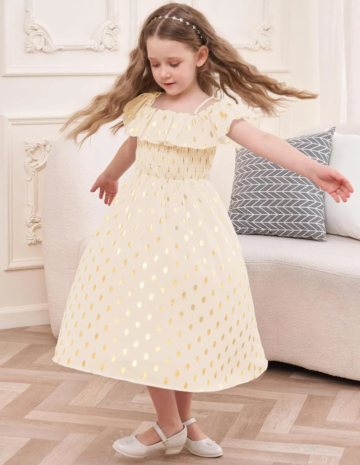 GRACE KARIN Girls Off Shoulder Dress Sleeveless Ruffle Spaghetti Straps Smocked A-Line Chiffon Dress 5-14Y