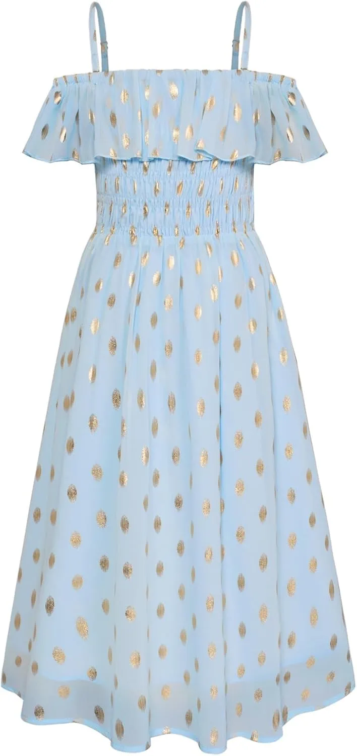 GRACE KARIN Girls Off Shoulder Dress Sleeveless Ruffle Spaghetti Straps Smocked A-Line Chiffon Dress 5-14Y