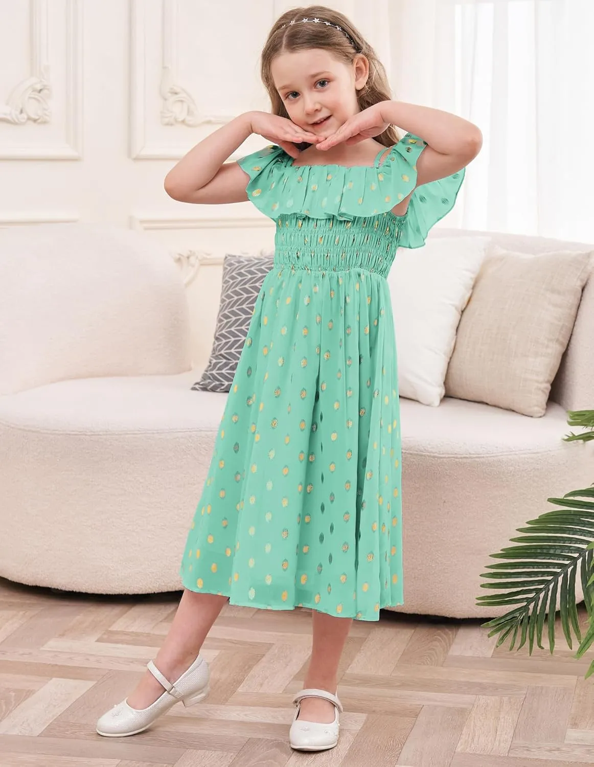 GRACE KARIN Girls Off Shoulder Dress Sleeveless Ruffle Spaghetti Straps Smocked A-Line Chiffon Dress 5-14Y