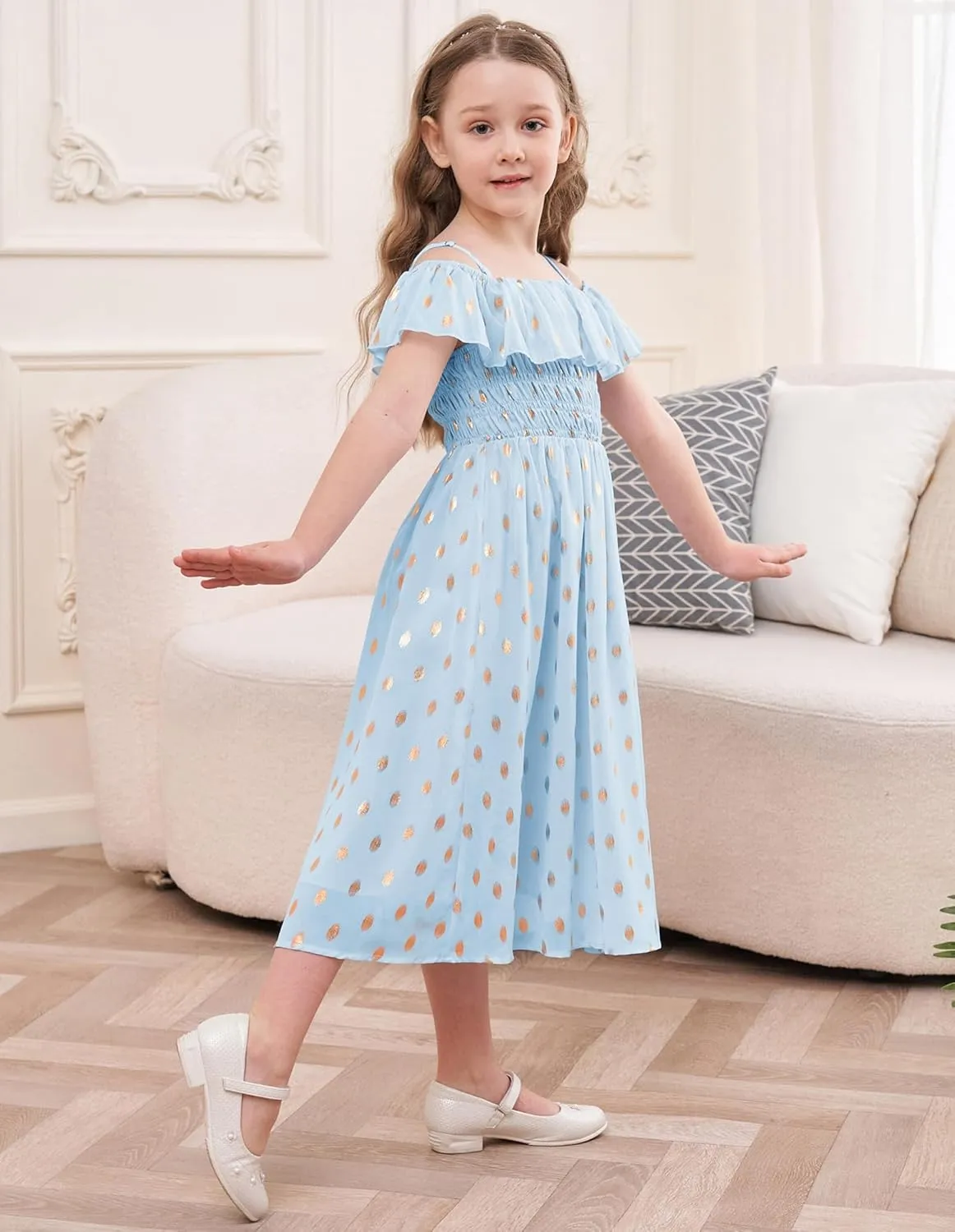 GRACE KARIN Girls Off Shoulder Dress Sleeveless Ruffle Spaghetti Straps Smocked A-Line Chiffon Dress 5-14Y