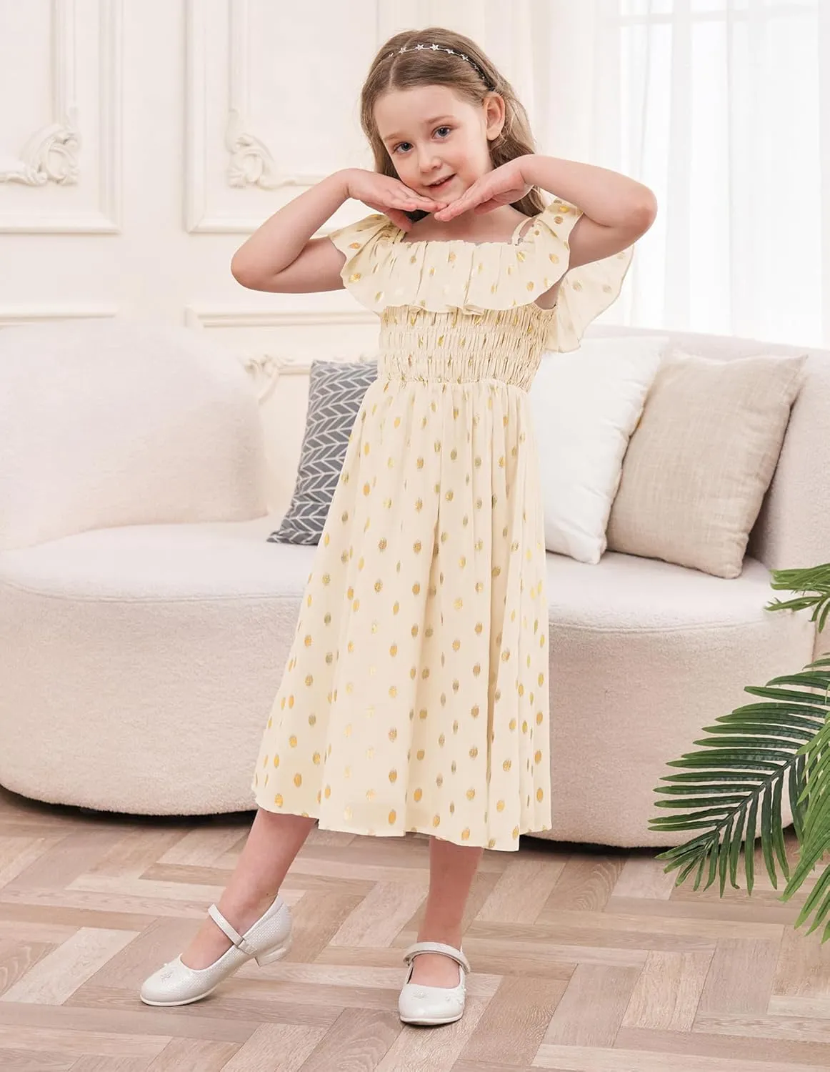 GRACE KARIN Girls Off Shoulder Dress Sleeveless Ruffle Spaghetti Straps Smocked A-Line Chiffon Dress 5-14Y