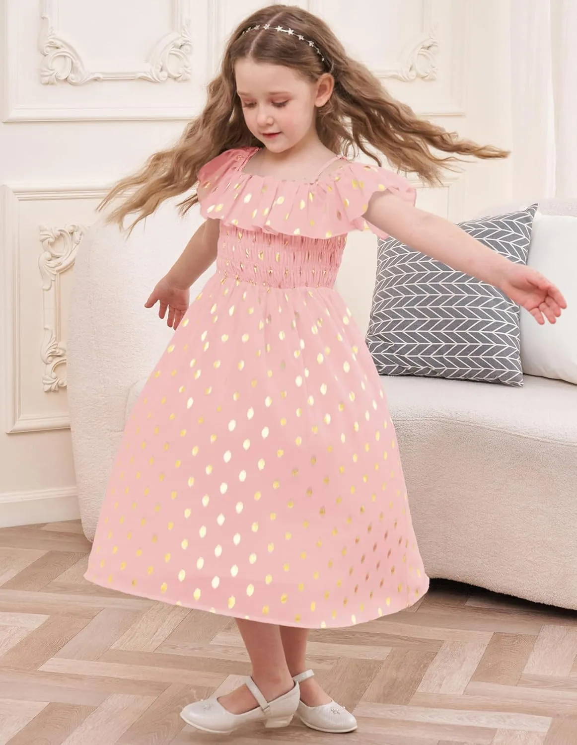 GRACE KARIN Girls Off Shoulder Dress Sleeveless Ruffle Spaghetti Straps Smocked A-Line Chiffon Dress 5-14Y