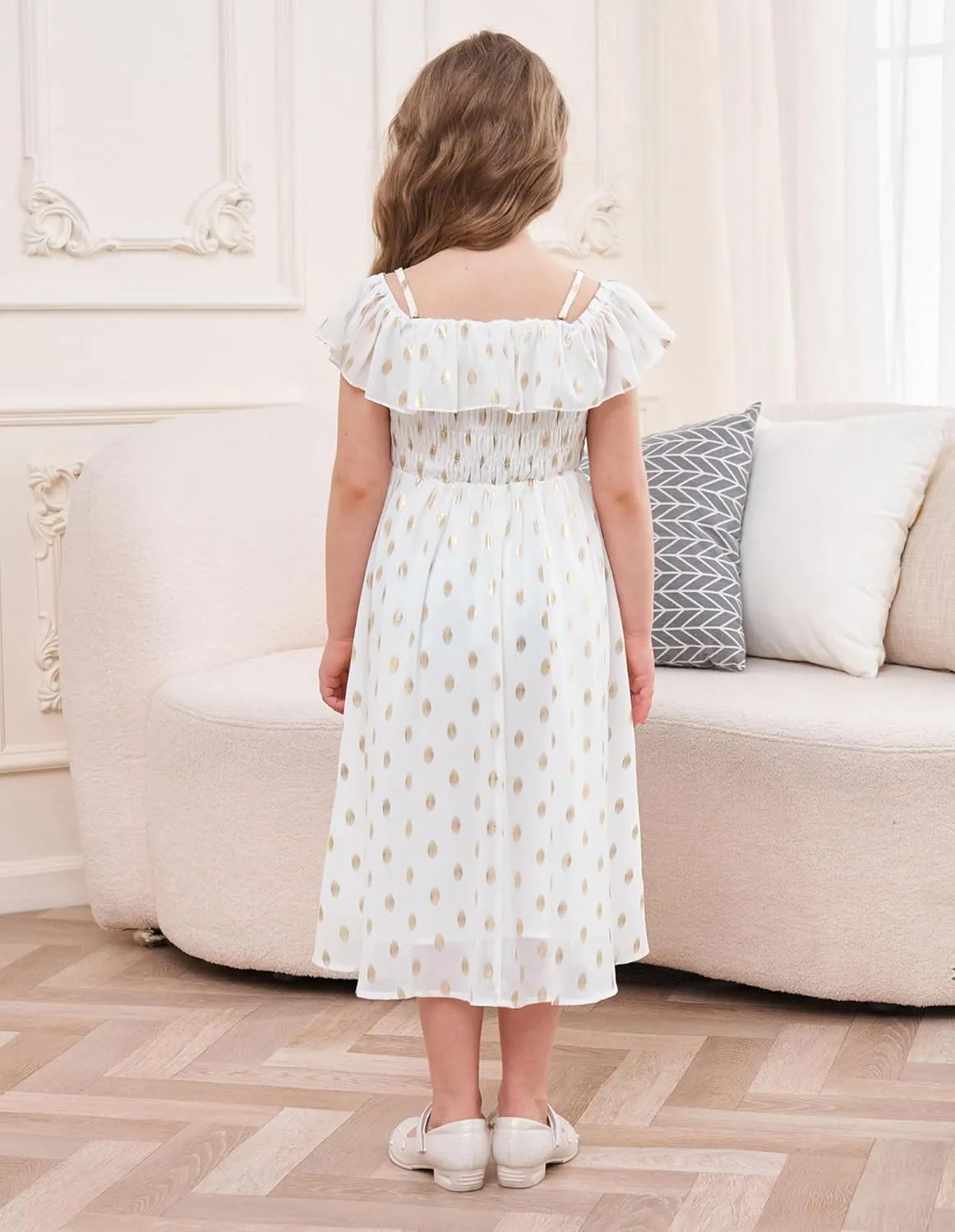 GRACE KARIN Girls Off Shoulder Dress Sleeveless Ruffle Spaghetti Straps Smocked A-Line Chiffon Dress 5-14Y