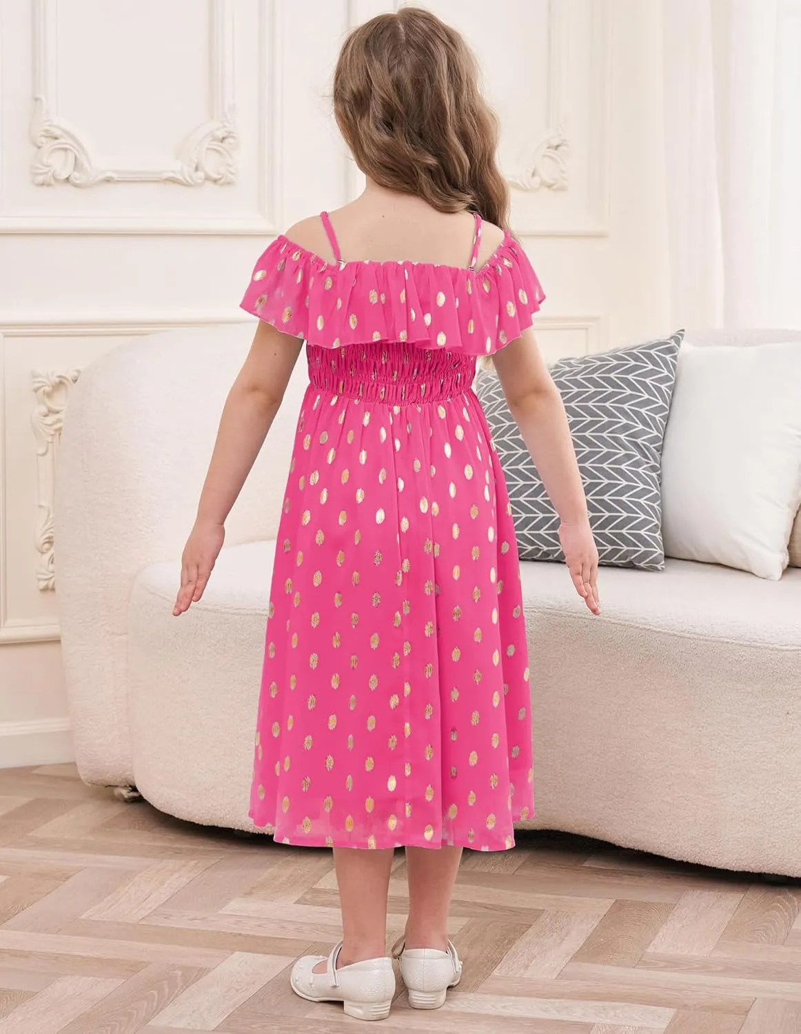 GRACE KARIN Girls Off Shoulder Dress Sleeveless Ruffle Spaghetti Straps Smocked A-Line Chiffon Dress 5-14Y