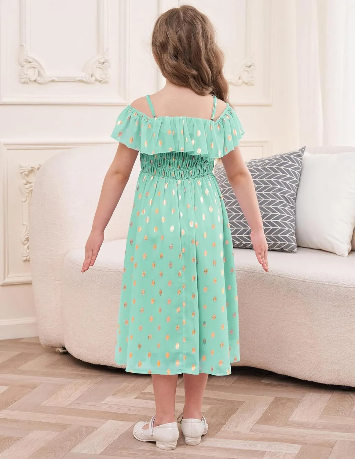 GRACE KARIN Girls Off Shoulder Dress Sleeveless Ruffle Spaghetti Straps Smocked A-Line Chiffon Dress 5-14Y