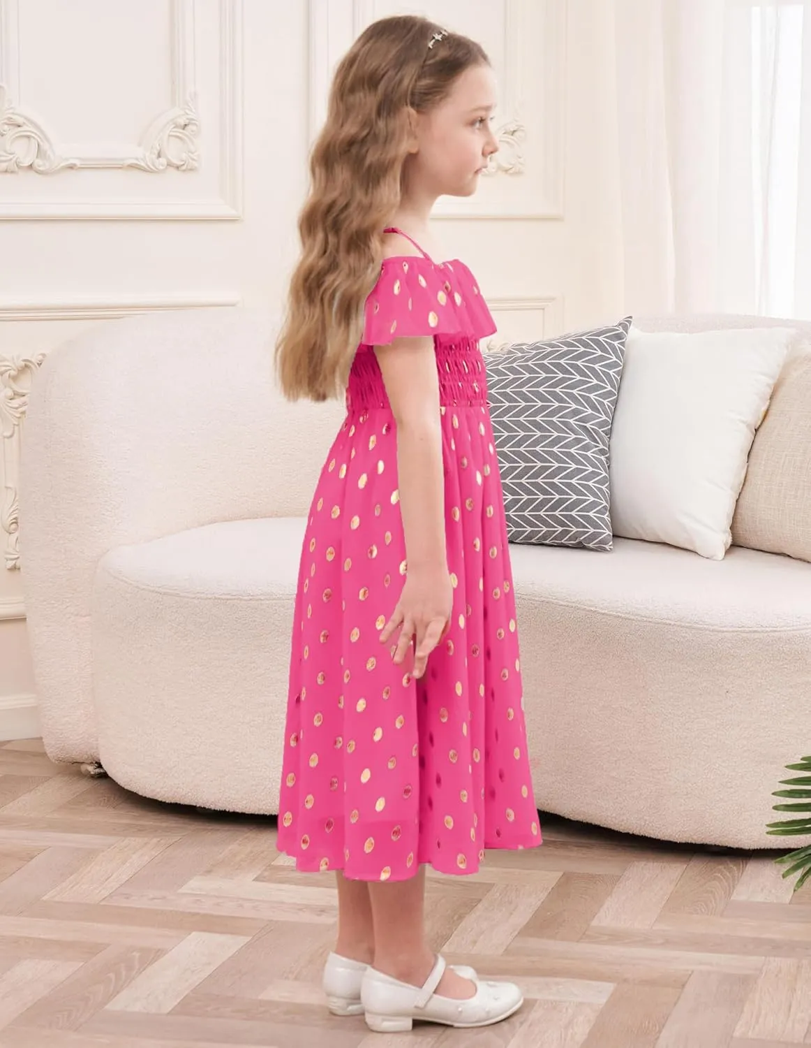 GRACE KARIN Girls Off Shoulder Dress Sleeveless Ruffle Spaghetti Straps Smocked A-Line Chiffon Dress 5-14Y