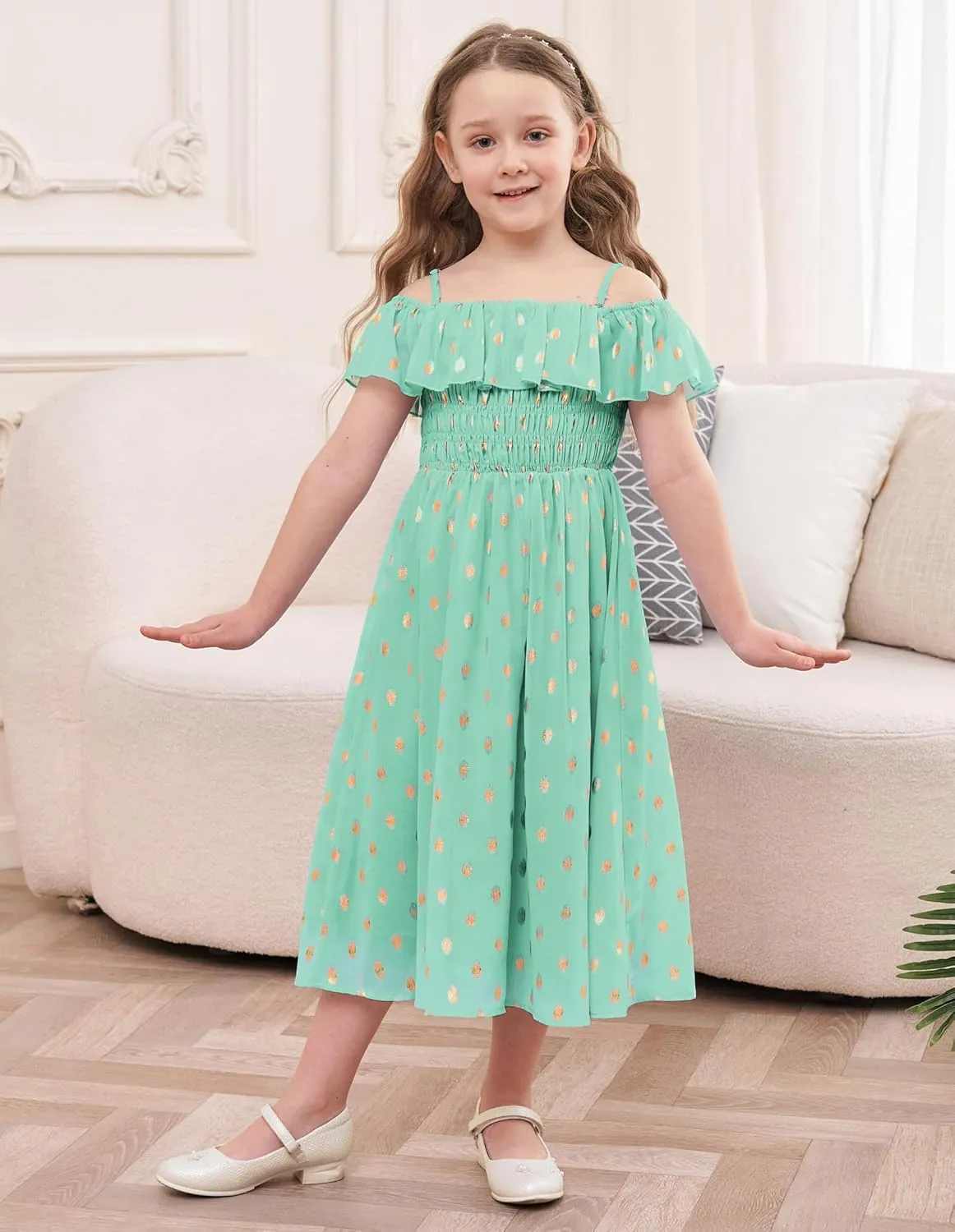 GRACE KARIN Girls Off Shoulder Dress Sleeveless Ruffle Spaghetti Straps Smocked A-Line Chiffon Dress 5-14Y