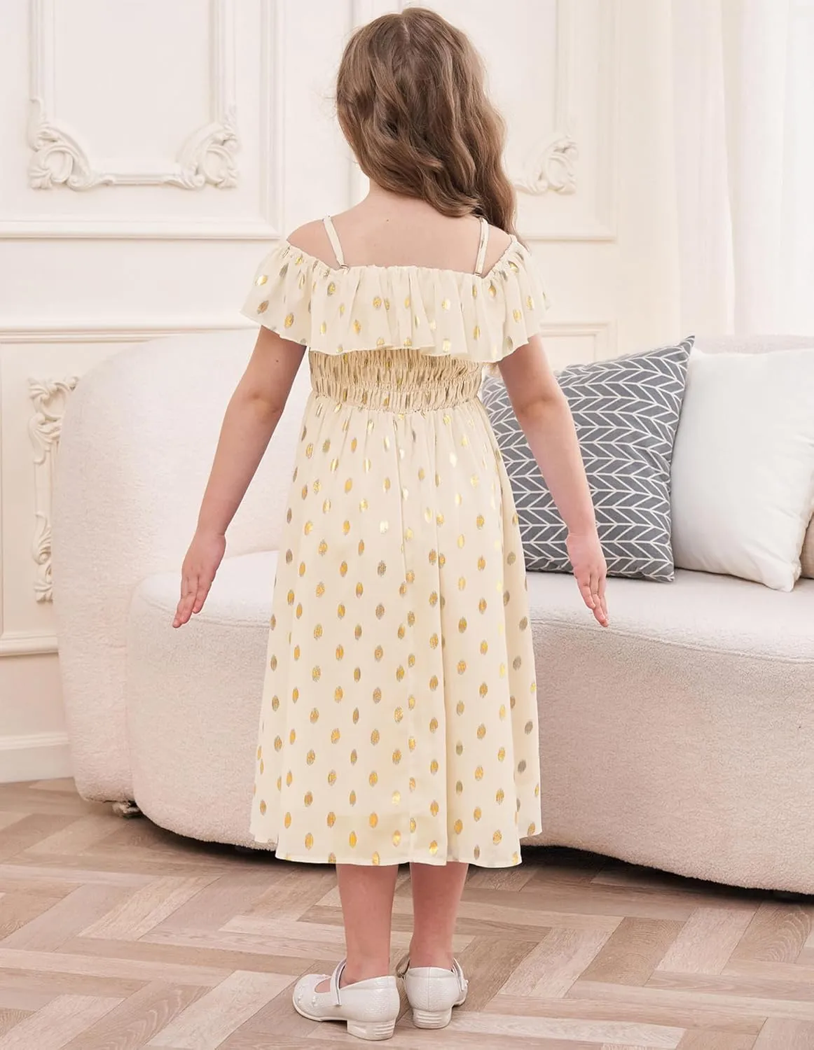 GRACE KARIN Girls Off Shoulder Dress Sleeveless Ruffle Spaghetti Straps Smocked A-Line Chiffon Dress 5-14Y