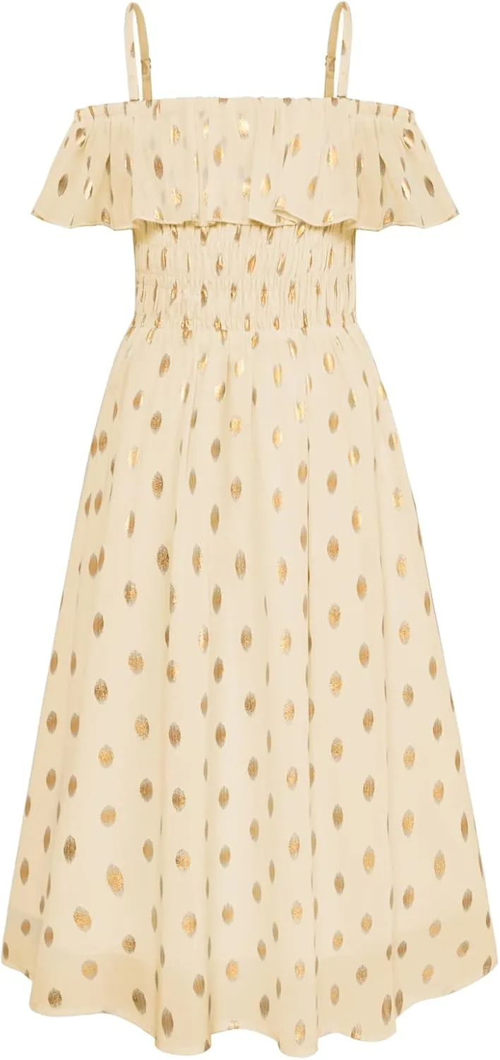 GRACE KARIN Girls Off Shoulder Dress Sleeveless Ruffle Spaghetti Straps Smocked A-Line Chiffon Dress 5-14Y