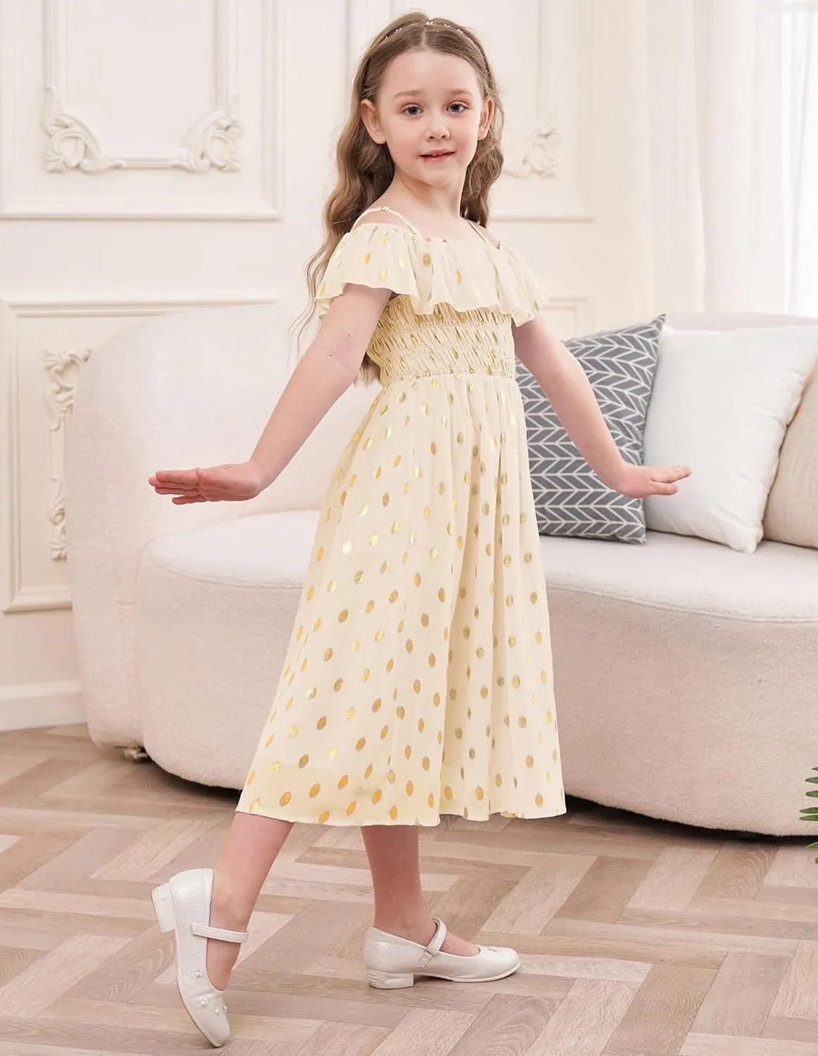 GRACE KARIN Girls Off Shoulder Dress Sleeveless Ruffle Spaghetti Straps Smocked A-Line Chiffon Dress 5-14Y